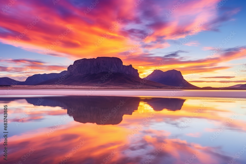 An awe-inspiring scene as the day ends with a fiery sunset painting the sky in vibrant hues of orange, pink, and purple. The serene mountain range provides a majestic backdrop with a mirror-like lake