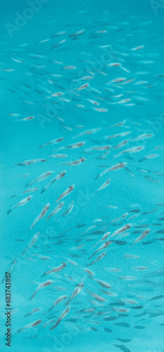 A flock of small fish in a sea watercolor background