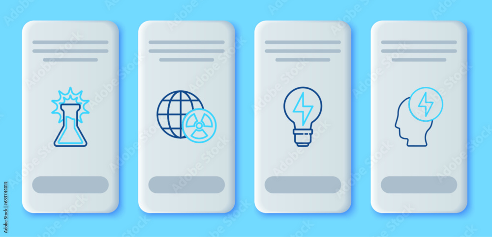 Set line Planet earth and radiation, Light bulb with lightning, Test tube flask and Head electric symbol icon. Vector