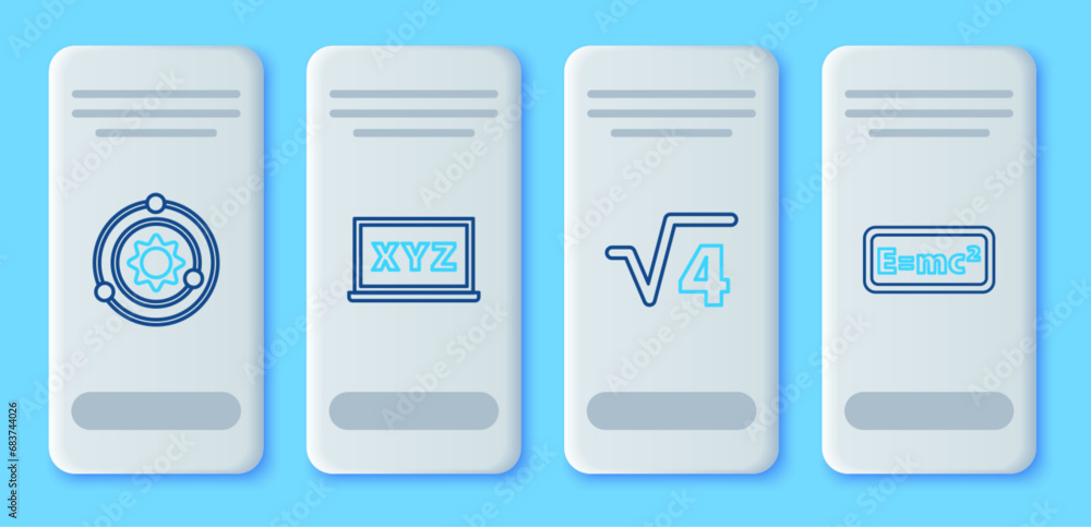 Set line XYZ Coordinate system, Square root of 4 glyph, Solar and Equation solution icon. Vector