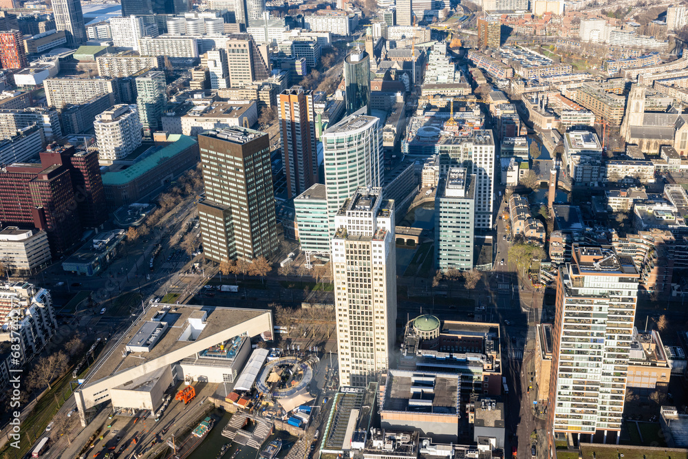 Fototapeta premium Aerial view city Rotterdam with residential area and office buildings
