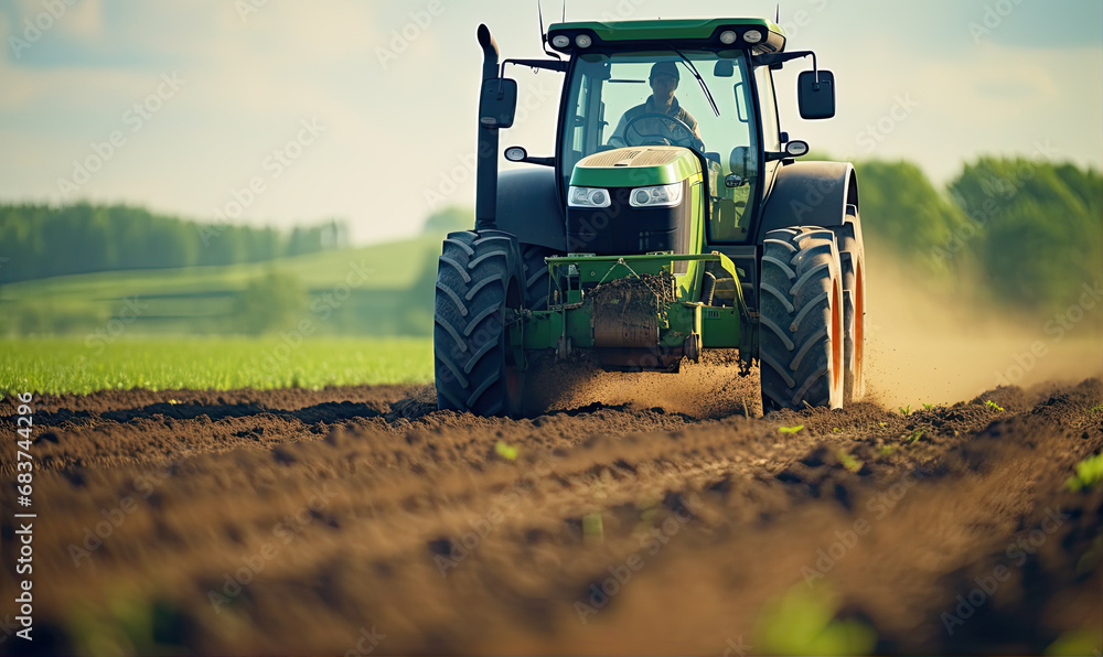 Fototapeta premium The tractor works the soil in the field with amazing background