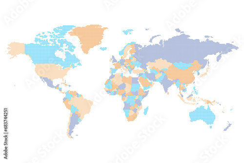 Dotted Political World Map - pixel mosaic of rounded squares. Four color scheme in blue and orange. Vector illustration