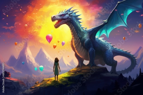 Digital illustration painting design style girl with colorful balloons is standing and give it to huge dragon, against fantasy land, Generative AI