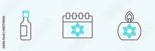 Set line Burning candle, Jewish wine bottle and calendar icon. Vector