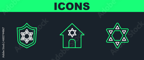 Set line Star of David, Shield with and Jewish synagogue icon. Vector