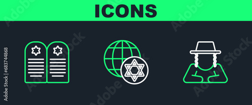 Set line Orthodox jewish hat, Tombstone with star of david and World Globe and Israel icon. Vector