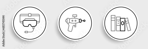 Set line Book, Virtual reality glasses and Ray gun icon. Vector