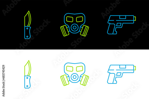 Set line Pistol or gun, Military knife and Gas mask icon. Vector