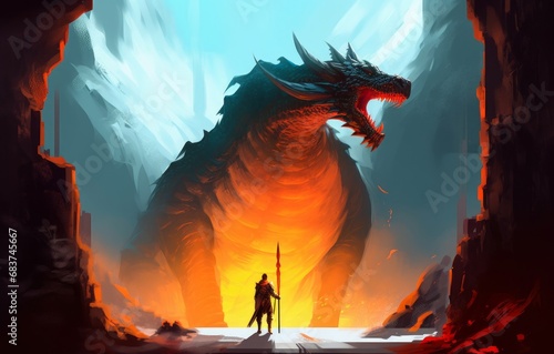 illustration design. a dragon slayer standing in front of cave of dragon, Generative AI