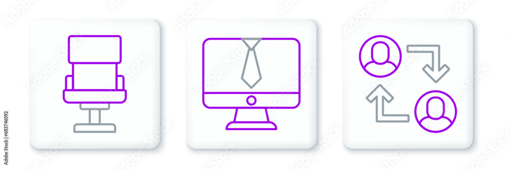Set line Project team base, Office chair and Video chat conference icon. Vector Set line Project team base, Office chair and Video chat conference icon. Vector
