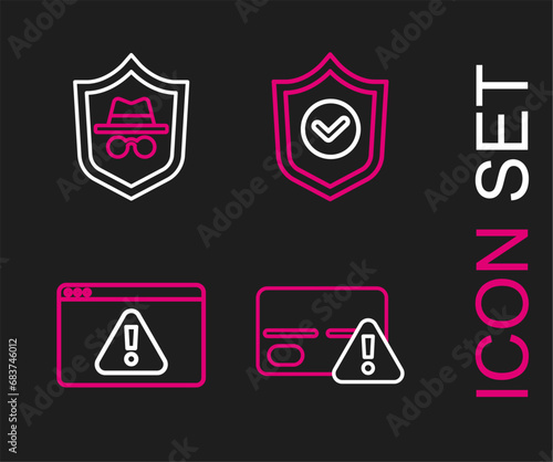 Set line Credit card, Browser with exclamation mark, Shield check and Incognito mode icon. Vector