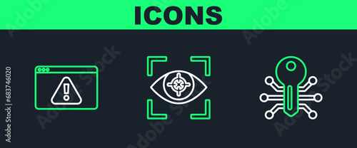 Set line Smart key, Browser with exclamation mark and Eye scan icon. Vector
