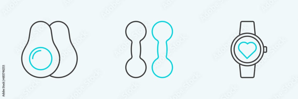 Set line Smart watch, Avocado fruit and Dumbbell icon. Vector Set line Smart watch, Avocado fruit and Dumbbell icon. Vector
