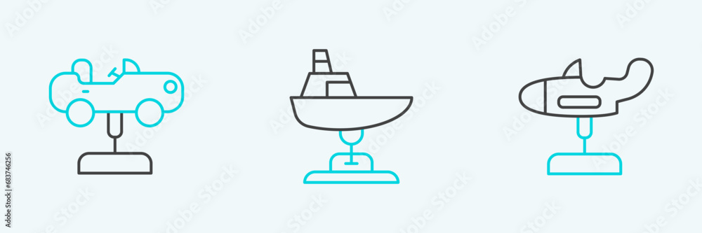 Set line Swing plane, car and boat icon. Vector Set line Swing plane, car and boat icon. Vector