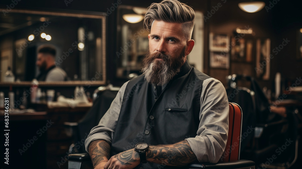 A stylish bearded man is sitting in a chair. Bartender, barber A stylish bearded man is sitting in a chair. Bartender, barber