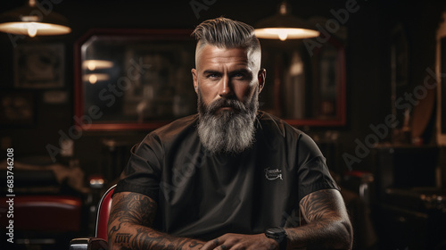 A stylish bearded man is sitting in a chair. Bartender, barber