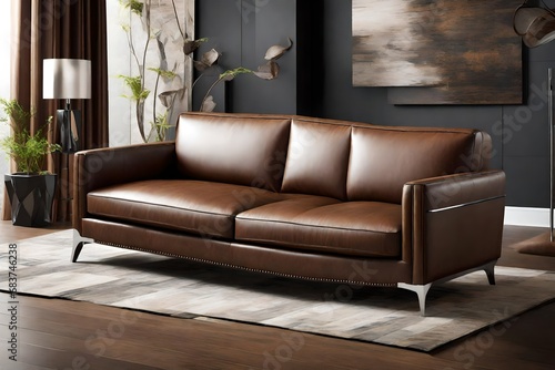 Showcase the allure of a faux leather sofa with a focus on its sleek and modern appeal.  photo
