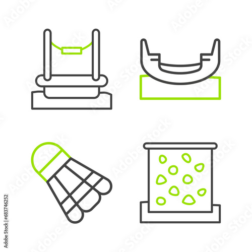 Set line Climbing wall, Badminton shuttlecock, Boat swing and Bungee icon. Vector