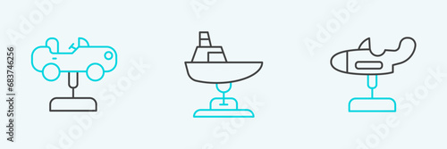 Set line Swing plane, car and boat icon. Vector