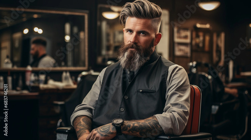A stylish bearded man is sitting in a chair. Bartender  barber