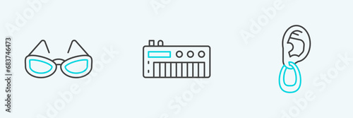 Set line Ear with earring, Glasses and Music synthesizer icon. Vector