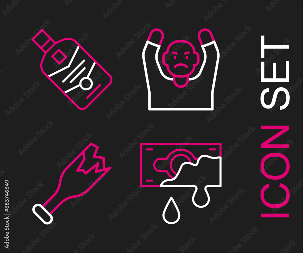 Set line Bloody money, Broken bottle as weapon, Thief surrendering hands up and Whiskey icon. Vector