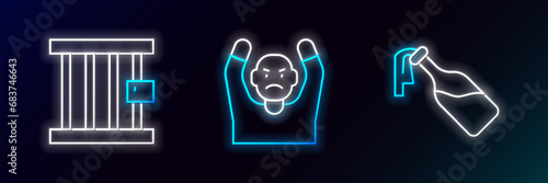 Set line Cocktail molotov, Prison window and Thief surrendering hands up icon. Glowing neon. Vector