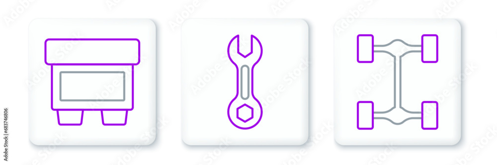 Set line Chassis car, Fuse and Wrench spanner icon. Vector