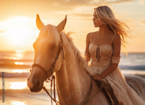  woman with long blond hair sitting and riding a horse in sunset on beach © Wolfilser