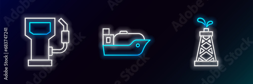 Set line Oil rig, Petrol or gas station and tanker ship icon. Glowing neon. Vector