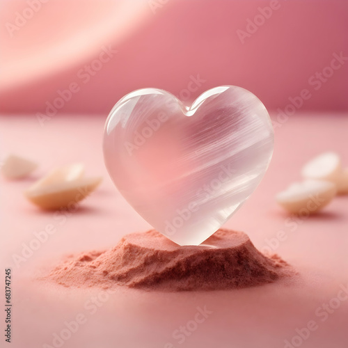 Selenite healing Stone in heart shaped on blurred background. Healing love stones. 