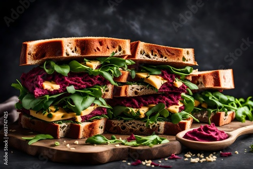 close up view , Vegan sandwiches with beetroot hummus. sandwich with beet, extra cheese, avocado and arugula. 