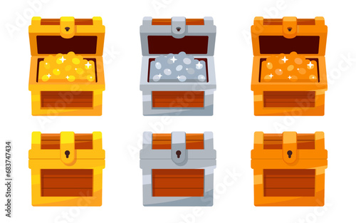 Open and close the mystery wooden chest. Gold Silver Bronze Coin in Treasure on isolated white background. Random a secret loot box concept. Vector illustration cartoon flat design.