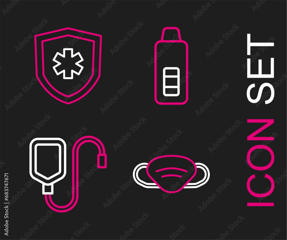 Set line Medical protective mask, IV bag, Digital thermometer and Life insurance icon. Vector Set line Medical protective mask, IV bag, Digital thermometer and Life insurance icon. Vector