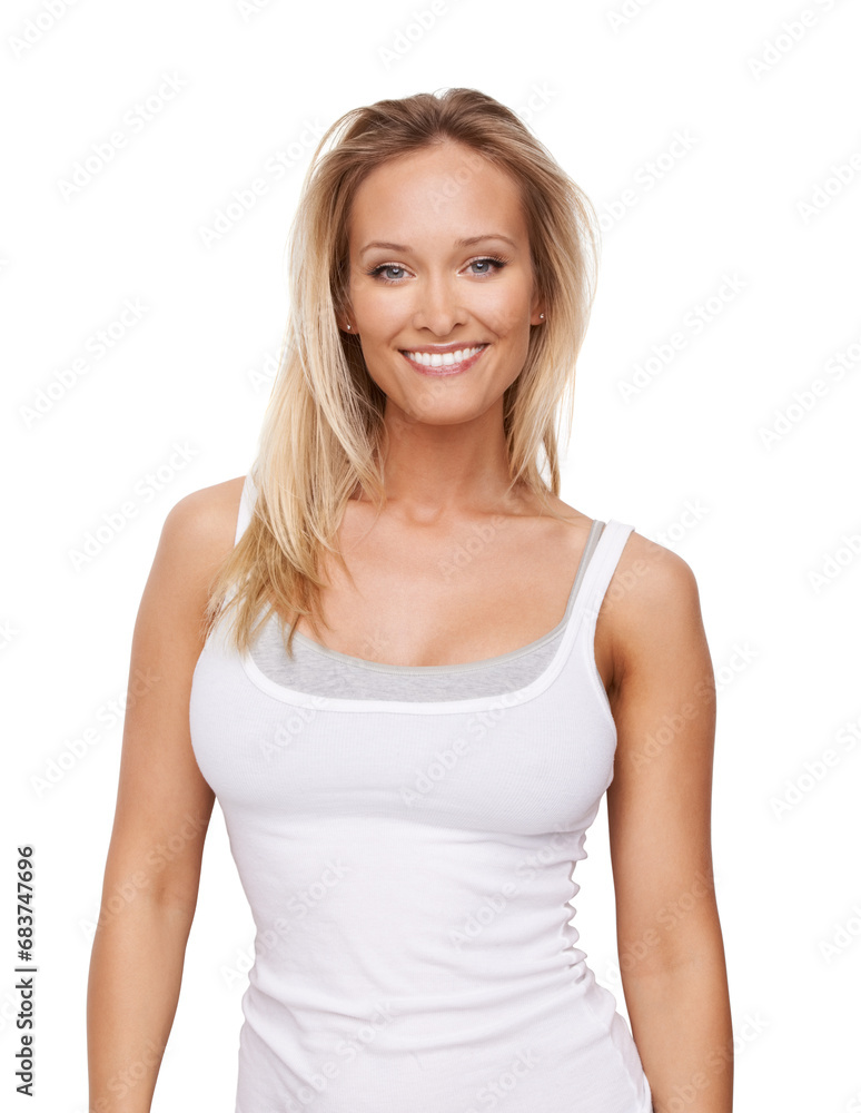 Happy, studio portrait and woman with fashion, casual style and relax in trendy apparel tshirt, tank top and cotton clothes. Happiness, stylish and female model outfit isolated on white background Happy, studio portrait and woman with fashion, casual style and relax in trendy apparel tshirt, tank top and cotton clothes. Happiness, stylish and female model outfit isolated on white background