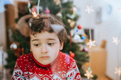 Asad boy in a sweater is sitting at the window looking down thinking about the new year a little boy is sad at home problems in the family photo