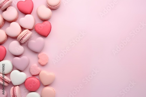 Valentine's Day background with pink heart shaped macaroons