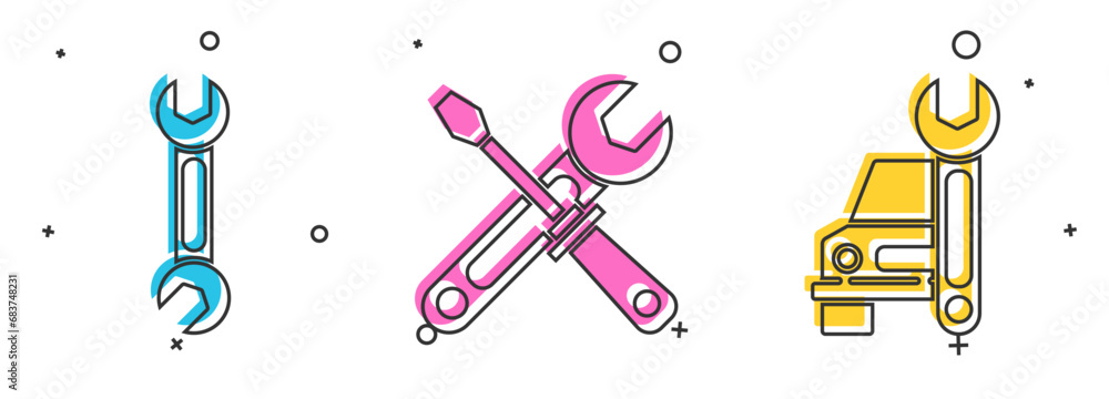 Obraz premium Set Wrench, Screwdriver and wrench tools and Car service icon. Vector