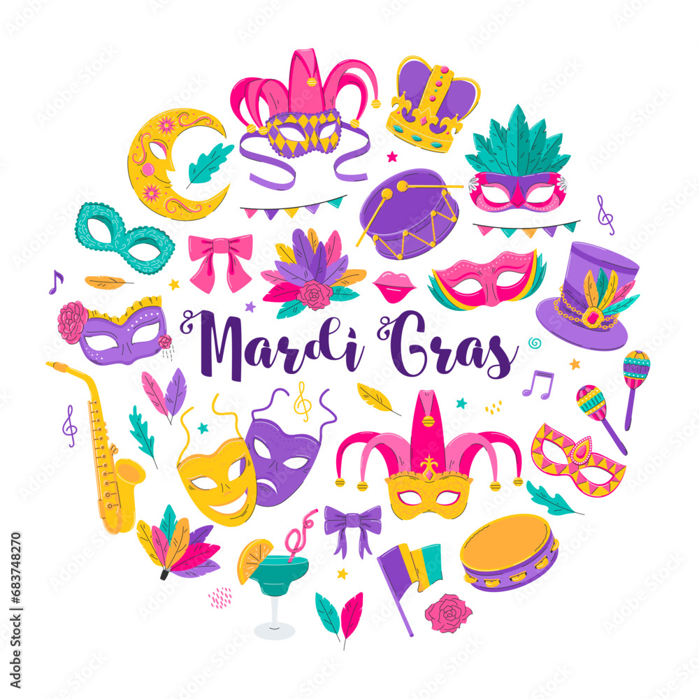 Mardi Gras carnival set icons, design elements in flat style. Mask with feathers, comedy and tragedy, party decorations. Vector illustration isolated on white background. Mardi Gras carnival set icons, design elements in flat style. Mask with feathers, comedy and tragedy, party decorations. Vector illustration isolated on white background.