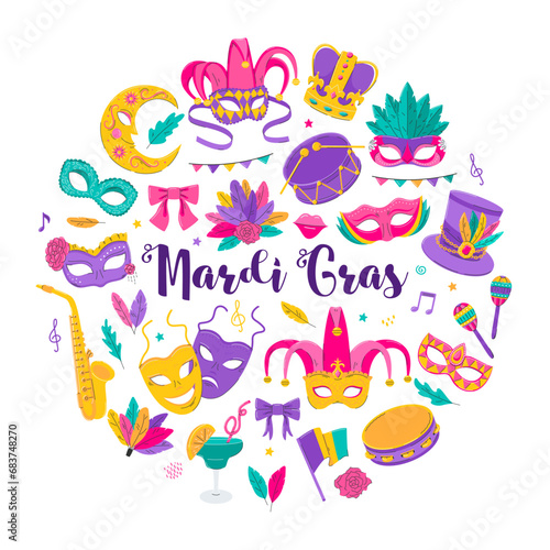 Mardi Gras carnival set icons, design elements in flat style. Mask with feathers, comedy and tragedy, party decorations. Vector illustration isolated on white background.