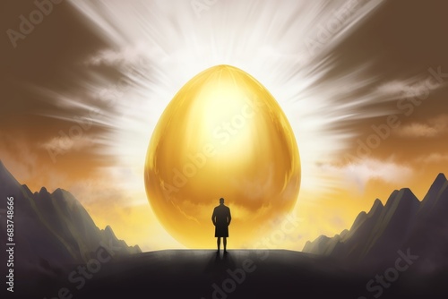 Digital illustration painting design style a businessman standing in front of huge golden egg, against heaven and sunlight, Generative AI