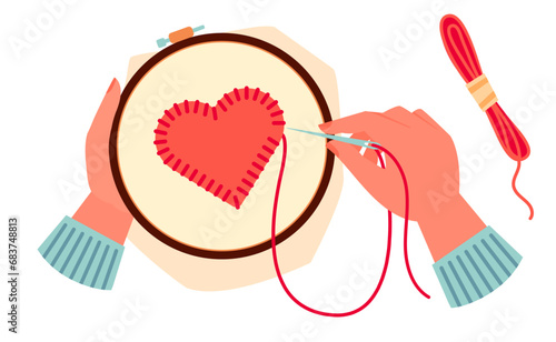 Cartoon vector illustration of hands sewing felt red heart decoration on cloth. Female hands holding embroidery hoop with  heart embroidery.