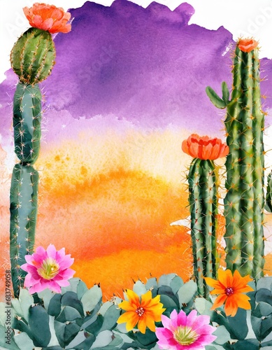 Nature's Artistry: Vibrant Cactus Flowers and Sunset photo