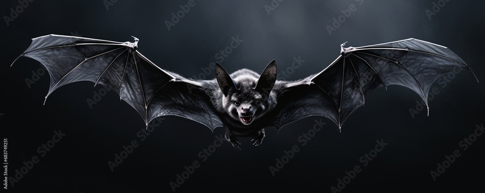a black bat flying over black  backgrounds photo surrealist gothic grotesque figures realistic animal portraits - obrazy, fototapety, plakaty 