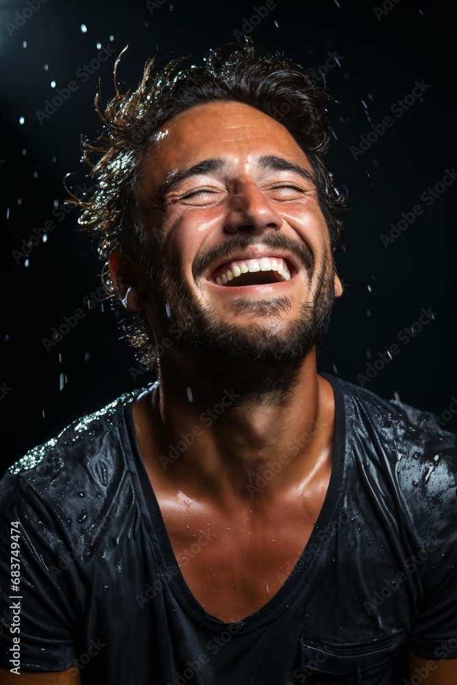 portrait of a laughing happy man, he is cheerful and joyful, rain, drops of water on his face portrait of a laughing happy man, he is cheerful and joyful, rain, drops of water on his face