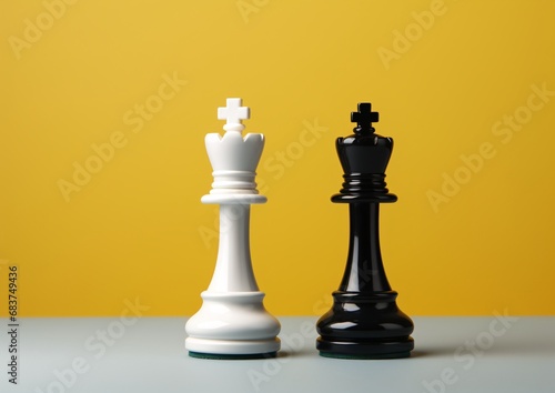 a black king and white king chess pieces on a yellow background