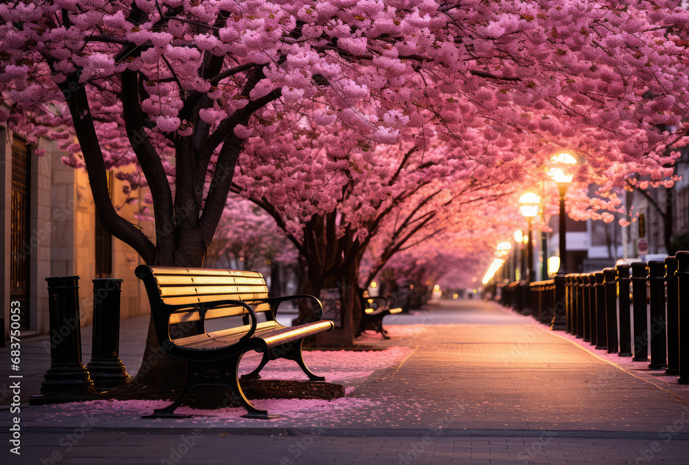 a bench in the middle of a sidewalk covered in pink blossoms