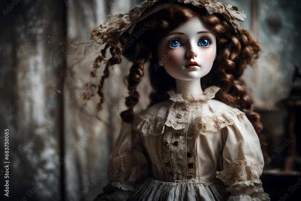 A porcelain doll with eyes that tell stories. A porcelain doll with eyes that tell stories.