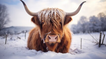 Tableau sur aluminium  Winter Majesty: Snow-Capped Highland Cow in Serene Landscape  © Philipp